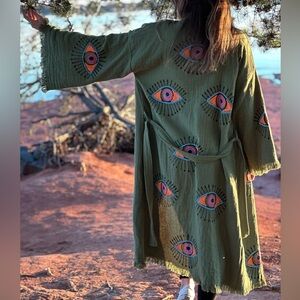 Green Evil Eye Kimobo Robe 100% Cotton Hand Painted